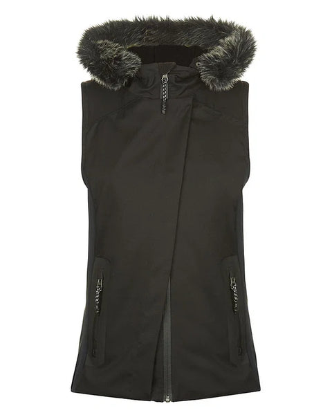 SWEATY BETTY BLACK FUR TRIM DOWN FILLED HOODED BODY WARMER/ GILET SIZE S