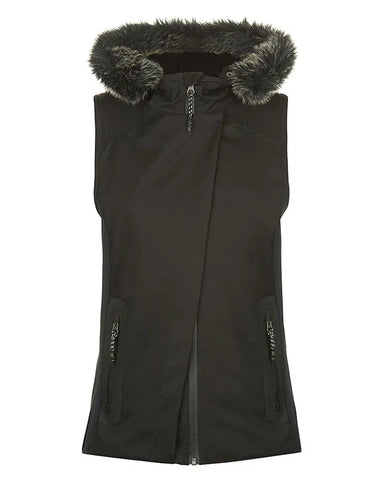 SWEATY BETTY BLACK FUR TRIM DOWN FILLED HOODED BODY WARMER/ GILET SIZE S