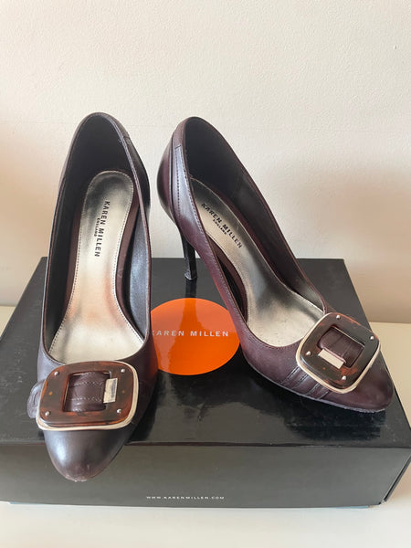KAREN MILLEN BROWN BUCKLE TRIM LEATHER HEELS SIZE 3.5/36