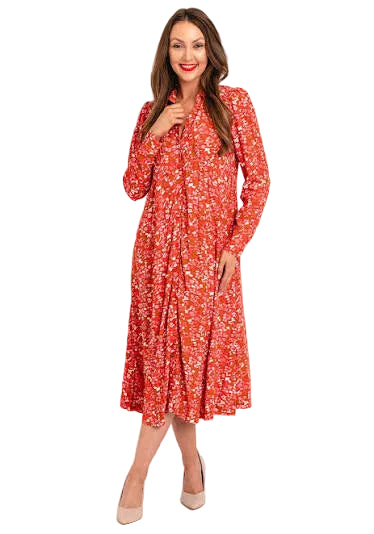 ICHI CORAL & TAN & PRINT BUTTON UP LONG SLEEVED MIDI DRESS SIZE 40 UK 12