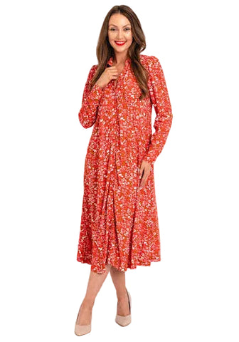 ICHI CORAL & TAN & PRINT BUTTON UP LONG SLEEVED MIDI DRESS SIZE 40 UK 12