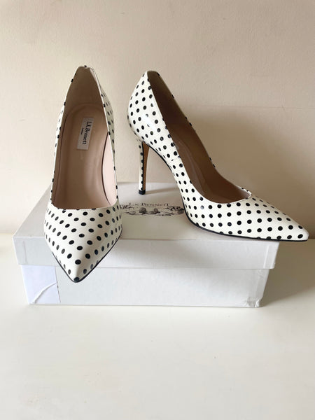 BRAND NEW WITH DEFECT LK BENNETT FERN WHITE &  BLACK SPOT PATENT LEATHER HEELS SIZE 7.5/41