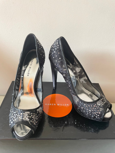 KAREN MILLEN BLACK MESH LACE RHINESTONE TRIM PEEPTOE HEELS SIZE 3.5/36