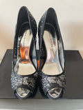 KAREN MILLEN BLACK MESH LACE RHINESTONE TRIM PEEPTOE HEELS SIZE 3.5/36