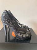 KAREN MILLEN BLACK MESH LACE RHINESTONE TRIM PEEPTOE HEELS SIZE 3.5/36