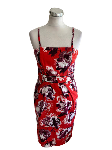 COAST RED FLORAL PRINT DETACHABLE STRAPS PENCIL DRESS  SIZE 10