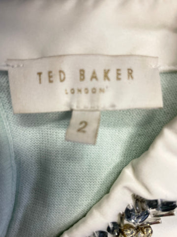 TED BAKER PALE GREEN JEWEL TRIM WHITE COLLAR JUMPER SIZE 2 UK 10/12