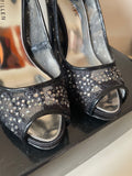 KAREN MILLEN BLACK MESH LACE RHINESTONE TRIM PEEPTOE HEELS SIZE 3.5/36