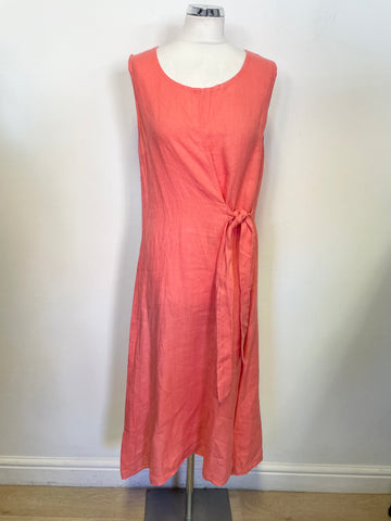 D.E.C.K. BY DECOLLAGE CORAL LINEN TIE FRONT A-LINE MIDI DRESS SIZE M
