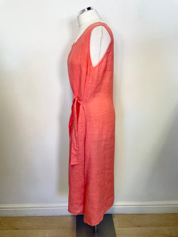 D.E.C.K. BY DECOLLAGE CORAL LINEN TIE FRONT A-LINE MIDI DRESS SIZE M