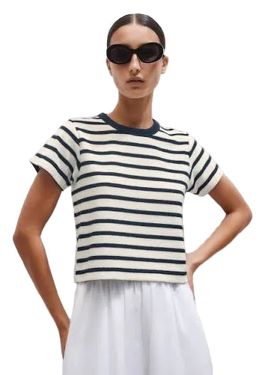 BRAND NEW ME+EM IVORY & NAVY STRIPED TOWELLING BABY TEE TOP  SIZE 8