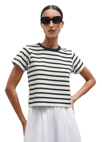 BRAND NEW ME+EM IVORY & NAVY STRIPED TOWELLING BABY TEE TOP  SIZE 8