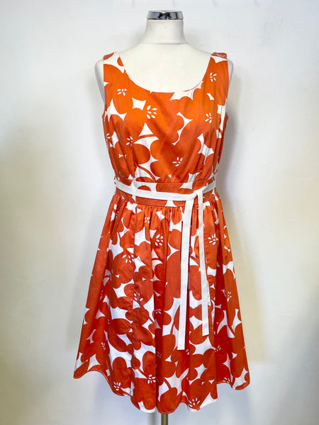 BODEN ORANGE & WHITE BOLD FLOWER PRINT SLEEVELESS FIT & FLARE DRESS SIZE 10R