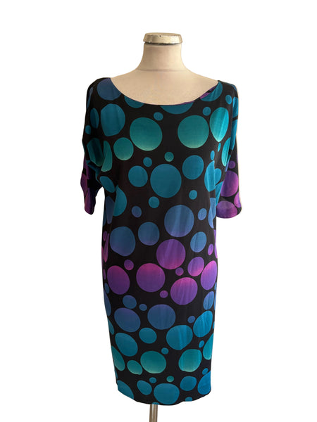 DIANE VON FURSTENBERG 100% SILK BLACK & MULTI COLOUR SPOT SHIFT DRESS SIZE 6 UK 10