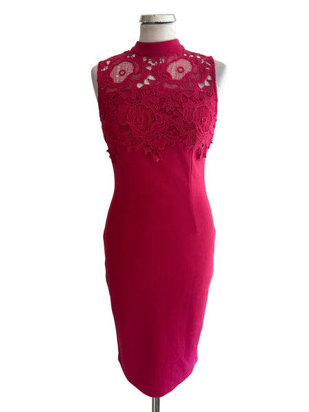 COAST CERISE PINK & LACE TRIMMED BODICE PENCIL DRESS  SIZE 8