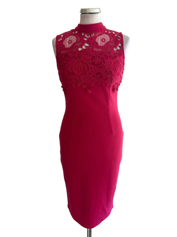 COAST CERISE PINK & LACE TRIMMED BODICE PENCIL DRESS  SIZE 8