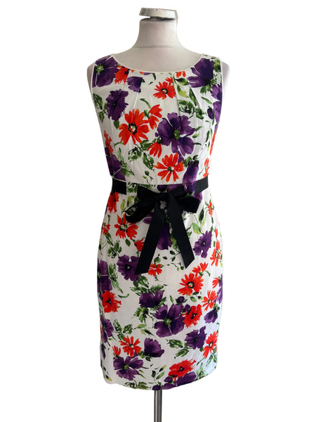 PRECIS WHITE & MULTI COLOURED & FLORAL PRINT SLEEVELESS PENCIL DRESS  SIZE 8