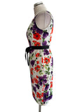 PRECIS WHITE & MULTI COLOURED & FLORAL PRINT SLEEVELESS PENCIL DRESS  SIZE 8