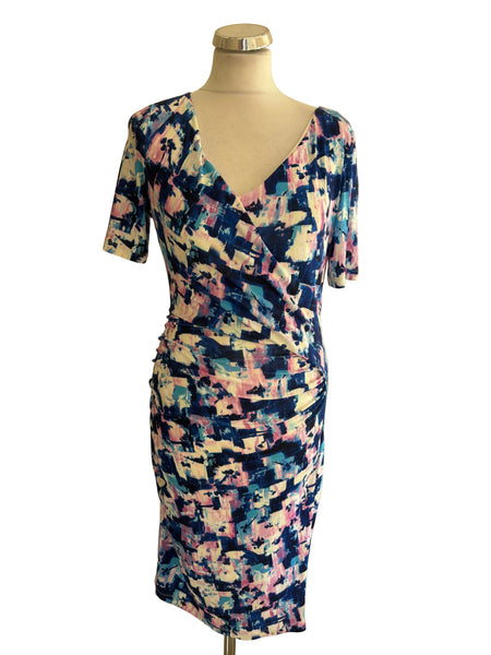 DAMSEL IN A DRESS BLUE & PINK PRINT DRAPED & RUCHED STRETCH JERSEY PENCIL DRESS  SIZE 8