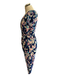 DAMSEL IN A DRESS BLUE & PINK PRINT DRAPED & RUCHED STRETCH JERSEY PENCIL DRESS  SIZE 8