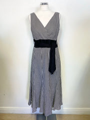 JAEGER BLACK & WHITE STRIPE SLEEVELESS LINEN FIT & FLARE MIDI DRESS SIZE 12