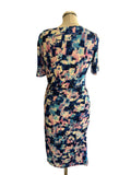 DAMSEL IN A DRESS BLUE & PINK PRINT DRAPED & RUCHED STRETCH JERSEY PENCIL DRESS  SIZE 8