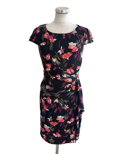 MONSOON BLACK & MULTI COLOURED FLORAL PRINT CAP SLEEVE SHEATH  DRESS  SIZE 8