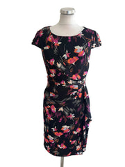 MONSOON BLACK & MULTI COLOURED FLORAL PRINT CAP SLEEVE SHEATH  DRESS  SIZE 8