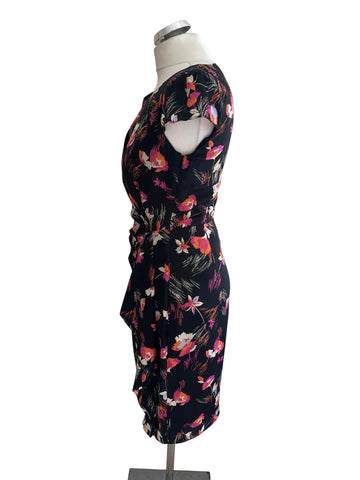 MONSOON BLACK & MULTI COLOURED FLORAL PRINT CAP SLEEVE SHEATH  DRESS  SIZE 8