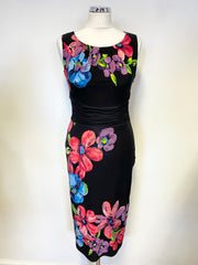 PHASE EIGHT BLACK & MULTI COLOURED FLORAL PRINT SLEEVELESS PENCIL DRESS SIZE 8