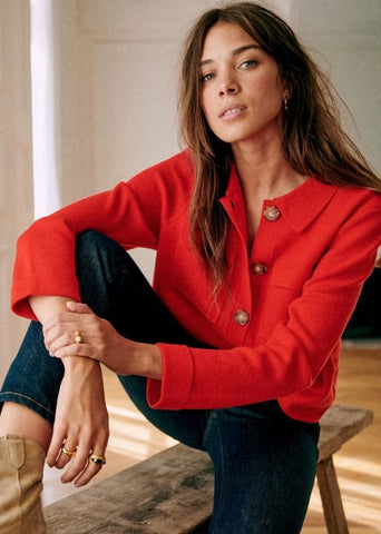 LA MAILLE SEZANE 100% MERINO WOOL CORAL RED BETTY CARDIGAN SIZE XS