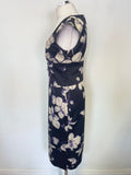 KAREN MILLEN NAVY, PURPLE & IVORY FLORAL PRINT CAP SLEEVED PENCIL DRESS SIZE 14