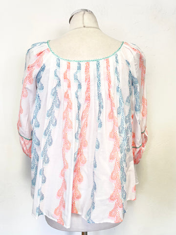 DESIGNER THIERRY COLSON WHITE WITH TURQUOISE,PINK & ORANGE FEATHER PRINT PHEASANT TOP SIZE S