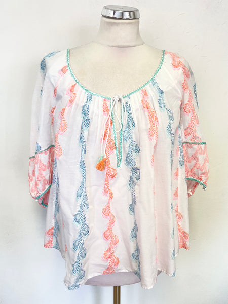 DESIGNER THIERRY COLSON WHITE WITH TURQUOISE,PINK & ORANGE FEATHER PRINT PHEASANT TOP SIZE S