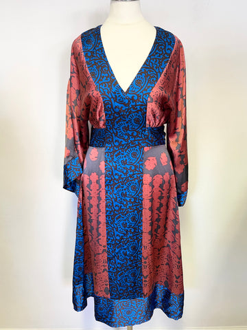 TIBI ELECTRIC BLUE & TERRACOTTA PRINT 100% SILK WIDE 3/4 SLEEVE DRESS SIZE 2 UK 10