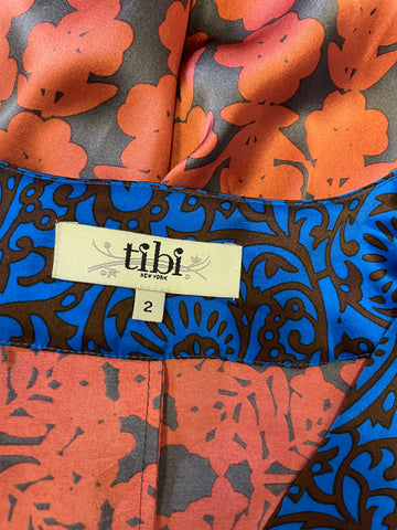 TIBI ELECTRIC BLUE & TERRACOTTA PRINT 100% SILK WIDE 3/4 SLEEVE DRESS SIZE 2 UK 10