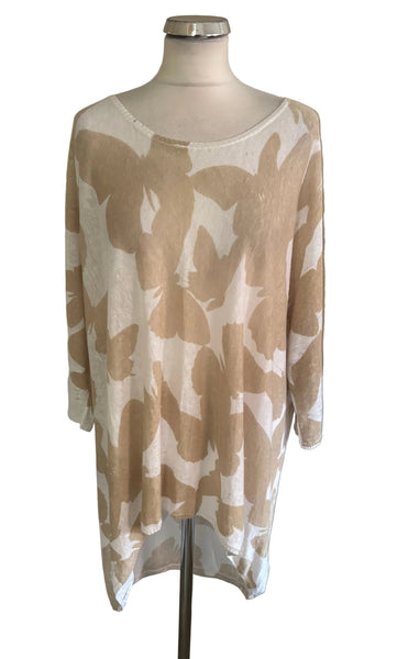 PHASE EIGHT 100% LINEN BEIGE & WHITE BUTTERFLY PRINT FINE KNIT OVERSIZED JUMPER  SIZE 14