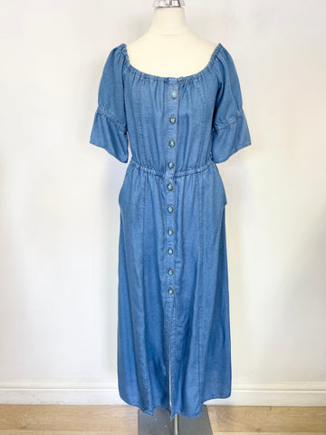 THE KOOPLES BLUE WIDE NECK ON/OFF SHOULDER SHORT SLEEVED MIDI DRESS SIZE 2 UK 10