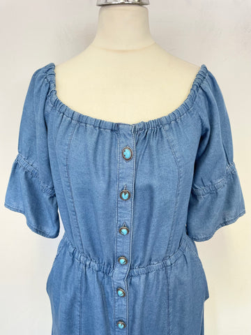 THE KOOPLES BLUE WIDE NECK ON/OFF SHOULDER SHORT SLEEVED MIDI DRESS SIZE 2 UK 10