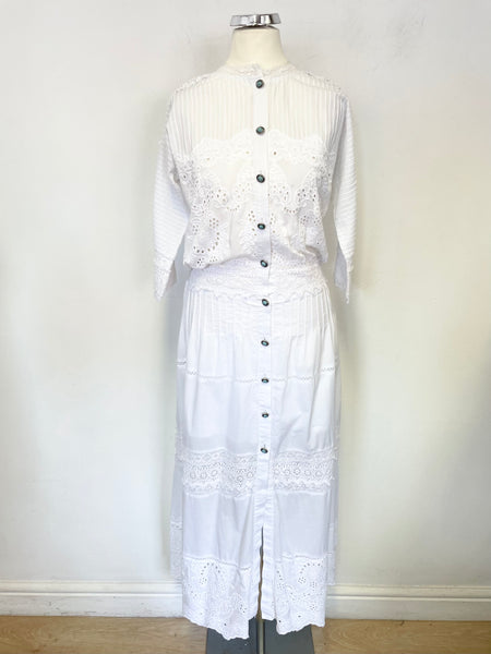 THE KOOPLES WHITE COTTON BRODIERE ANGLAISE TRIMMED MIDI DRESS SIZE 1 UK 8