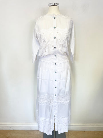 THE KOOPLES WHITE COTTON BRODIERE ANGLAISE TRIMMED MIDI DRESS SIZE 1 UK 8