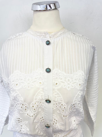 THE KOOPLES WHITE COTTON BRODIERE ANGLAISE TRIMMED MIDI DRESS SIZE 1 UK 8