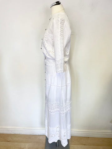 THE KOOPLES WHITE COTTON BRODIERE ANGLAISE TRIMMED MIDI DRESS SIZE 1 UK 8