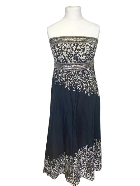 MONSOON BLACK & WHITE FLORAL PRINT STRAPLESS MAXI DRESS  SIZE 14