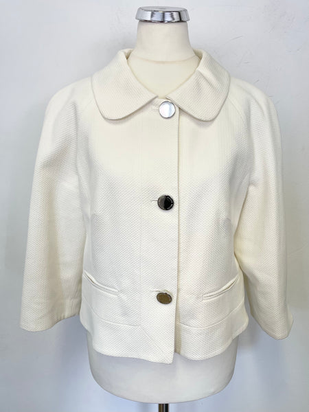 KAREN MILLEN IVORY TEXTURED COLLARED 3/4 SLEEVED SHORT JACKET SIZE 12