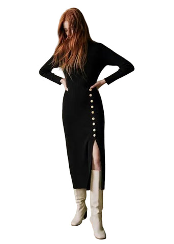 LA MAILLE SEZANE HARPER BLACK BUTTON TRIM LONG SLEEVED KNIT DRESS  SIZE S