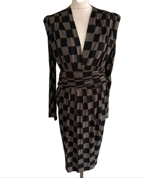 ISABEL DE PEDRO BLACK & CREAM CHECK SHOULDER DETAIL STRETCH JERSEY DRESS SIZE 18