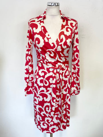 DIANE VON FURSTENBERG RED & OFF WHITE PRINT 100% SILK WRAP DRESS SIZE 8 UK 12