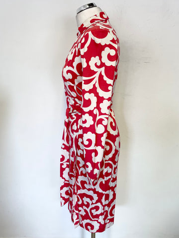 DIANE VON FURSTENBERG RED & OFF WHITE PRINT 100% SILK WRAP DRESS SIZE 8 UK 12