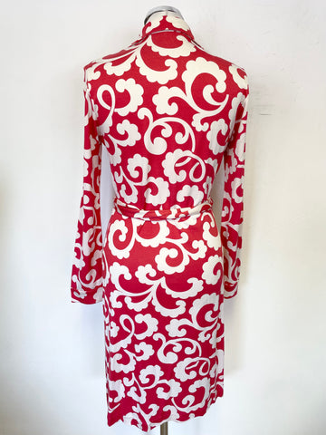 DIANE VON FURSTENBERG RED & OFF WHITE PRINT 100% SILK WRAP DRESS SIZE 8 UK 12